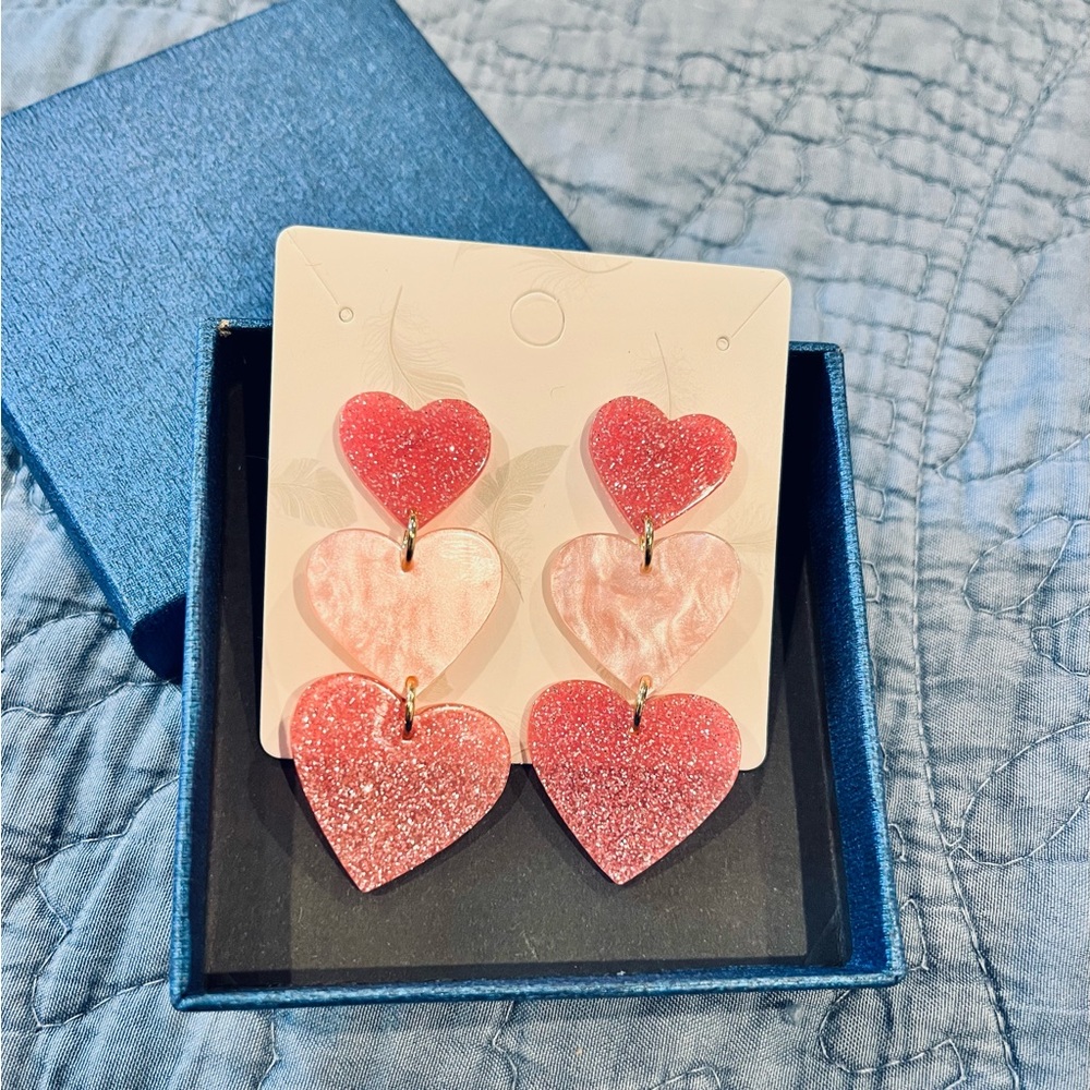 Pink Glitter Triple Heart Statement Earrings Lover Era Swiftie